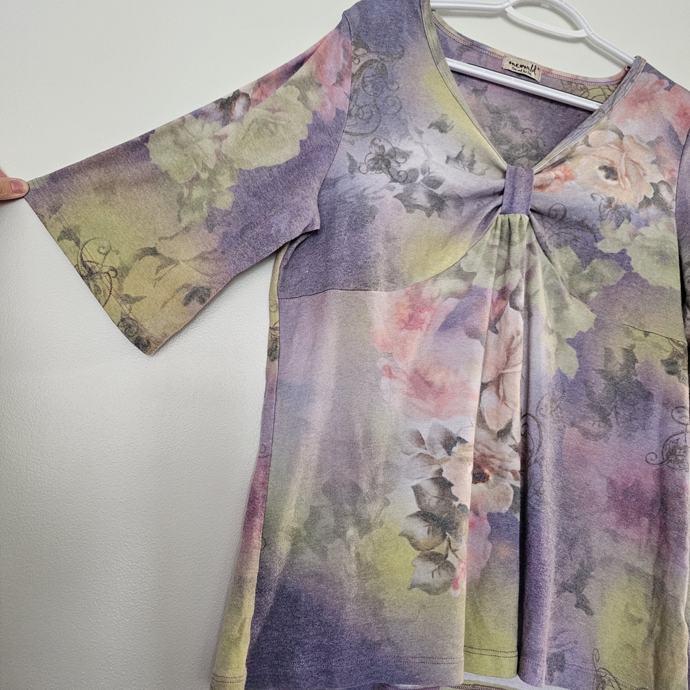 ONE WORLD Purple Pink 3/4 Sleeve Bow Front Blouse Etheral Boho Ethereal XL - Picture 2 of 7